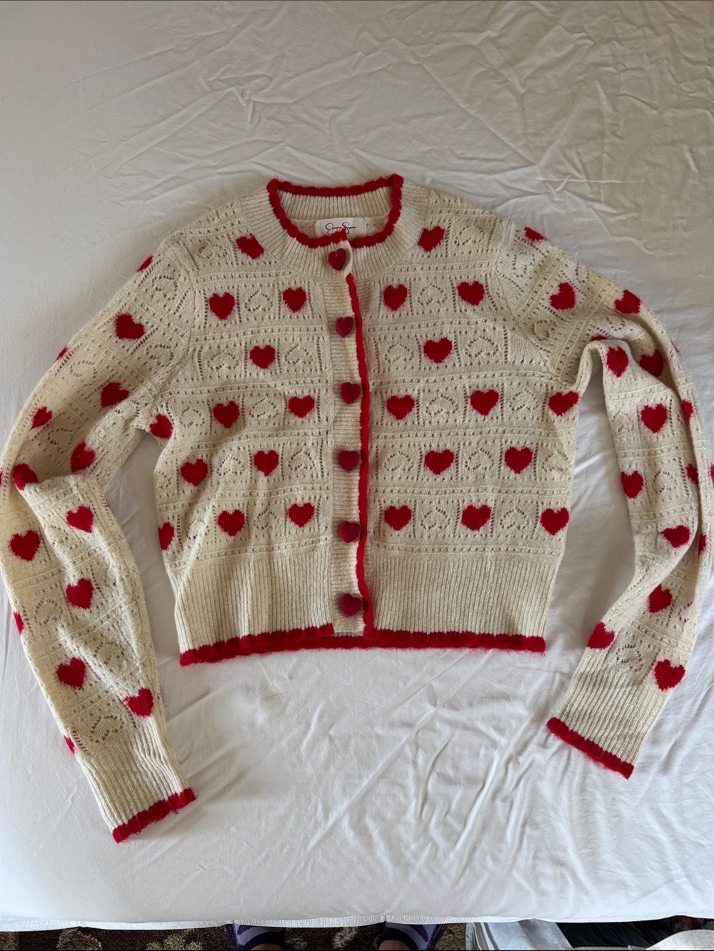 Jessica Simpson Cream Cardigan with Red Heart Motif